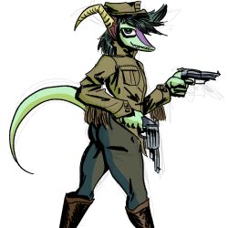  1:1 2024 5_fingers alternate_costume anthro ass banco cavemanon_studios clothing compsognathid compsognathus digital_drawing_(artwork) digital_media_(artwork) dinosaur fingers ftm_crossgender green_body green_eyes green_hair green_scales gun hair handgun hat headgear headwear long_tail looking_at_viewer looking_back looking_back_at_viewer male multicolored_body multicolored_scales prehistoric_species purple_body purple_scales ranged_weapon reptile revolver rule_63 scales scalie schizo_chan_(snoot_game) sharp_teeth simple_background smile snoot_game snout solo tail teeth theropod two_tone_body two_tone_scales weapon white_background 