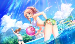  2girls :d adjusting_clothes adjusting_swimsuit arm_up ball beachball belt bikini blue_shorts blue_sky blurry bracelet brown_belt brown_hair brown_hat cinderella_series cloud depth_of_field dutch_angle floral_print_bikini frilled_bikini frills from_behind game_cg hachigatsu_no_cinderella_nine hair_ornament hair_scrunchie hairclip hanayama_emi hat high_ponytail highres holding holding_ball holding_beachball jewelry layered_bikini light_rays long_hair looking_at_another looking_at_viewer looking_back multiple_girls non-web_source official_alternate_hairstyle official_art open_mouth outdoors parted_bangs partially_submerged pink_hair pool purple_eyes purple_scrunchie scrunchie senba_ayako shirt short_sleeves shorts side-tie_bikini_bottom sky smile solo_focus sparkle splashing sun_hat sunbeam sunlight swimsuit water_drop water_slide wet white_shirt 