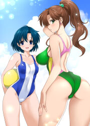  2girls ass ass_visible_through_thighs ball bishoujo_senshi_sailor_moon blue_eyes blue_hair blue_one-piece_swimsuit blue_sky breasts brown_hair cloud competition_swimsuit contrapposto cowboy_shot green_eyes kino_makoto long_hair looking_back medium_breasts mitarashi_kousei mizuno_ami multicolored_clothes multicolored_swimsuit multiple_girls one-piece_swimsuit ponytail short_hair sky small_breasts standing swimsuit two-tone_swimsuit 