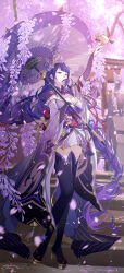  absurdres black_shrug breasts bridal_gauntlets cherry_blossoms cleavage commentary electro_symbol_(genshin_impact) female flower full_body genshin_impact hair_flower hair_ornament hand_up highres holding holding_umbrella japanese_clothes kimono large_breasts lengchan_(fu626878068) long_hair looking_at_animal low-braided_long_hair low-tied_long_hair mole mole_under_eye off_shoulder oil-paper_umbrella purple_bridal_gauntlets purple_eyes purple_flower purple_hair purple_kimono purple_petals purple_theme purple_thighhighs purple_umbrella raiden_shogun red_sash sash sidelocks solo standing thighhighs thighs torii umbrella very_long_hair wide_sleeves 