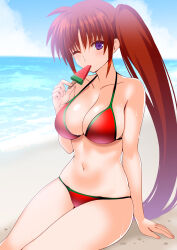  beach bikini blush breasts brown_hair cleavage collarbone engo_(aquawatery) female food highres large_breasts long_hair looking_at_viewer lyrical_nanoha mahou_shoujo_lyrical_nanoha_strikers navel ocean one_eye_closed outdoors popsicle purple_eyes red_bikini side_ponytail sky solo sweat swimsuit takamachi_nanoha watermelon_bar 