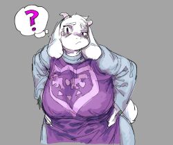  2024 anthro boss_monster_(undertale) bovid caprine clothing confusion demon drizzlingprince female fur goat grey_background hands_on_hips horn long_ears mammal purple_clothing purple_eyes purple_robe question_mark robe simple_background solo toriel undertale_(series) white_body white_fur 