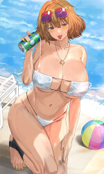  absurdres anis_(nikke) anis_(sparkling_summer)_(nikke) bare_shoulders bikini blush breasts brown_eyes cleavage collarbone eyepatch_bikini eyewear_on_head female goddess_of_victory:_nikke highres huge_breasts light_brown_hair looking_at_viewer navel nuo_(fttv3255) open_mouth short_hair solo sunglasses swimsuit thighs white_bikini 