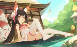  animal_ear_fluff animal_ears azur_lane black_hair blush bra brown_eyes building camisole cloud dango eating female fishing fishing_rod food fox fox_ears fox_girl fox_mask highres hongshi_(13234456009) knee_up legs long_hair looking_at_viewer manjuu_(azur_lane) mask mask_on_head nagato_(azur_lane) nagato_(great_fox&#039;s_respite)_(azur_lane) no_shoes outdoors panties red_bra red_panties see-through side-tie_panties sitting sky soles strap_slip thighhighs thighs tree underwear underwear_only very_long_hair wagashi water white_thighhighs 