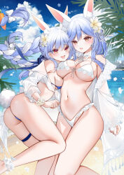  2girls absurdres animal_ear_fluff animal_ears bare_shoulders bikini blue_hair blush braid breasts carrot_hair_ornament cleavage food-themed_hair_ornament hair_ornament highres hololive large_breasts long_hair looking_at_viewer multicolored_hair multiple_girls navel open_mouth orange_eyes pekomama rabbit_ears rabbit_girl short_eyebrows smile swimsuit thighs twin_braids two-tone_hair usada_pekora virtual_youtuber white_bikini white_hair yukineko1018 