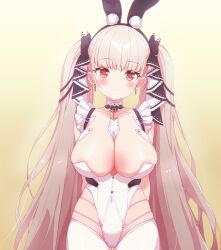  alternate_breast_size arbiter1 arms_behind_back azur_lane between_breasts blush bow bowtie breasts covered_navel earrings female formidable_(azur_lane) frills grey_hair highres jewelry large_breasts leotard long_hair looking_at_viewer playboy_bunny red_eyes ribbon simple_background solo thighhighs twintails two-tone_ribbon very_long_hair white_leotard white_thighhighs yellow_background 