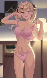  absurdres arms_up black_bow blonde_hair blush bow bra breasts clock collarbone commentary_request cowboy_shot female hair_between_eyes hair_ornament hairbow hairclip highres hotel_room lamp long_hair looking_at_viewer medium_breasts navel open_bra open_mouth original panties pink_bra pink_panties plasmadaikon purple_eyes smile solo standing strap_pull thighs twintails underwear undressing 