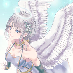  2023 angel angel_wings bare_shoulders blue_dress blue_eyes blue_sky braid breasts cleavage commentary_request dated detached_sleeves dragon_quest dragon_quest_x dress earrings female flower from_above gold_choker grey_hair grey_sleeves hair_flower hair_ornament halo jewelry lectalys low_ponytail medium_breasts side_braid signature sirotuka_lambda sky solo white_halo white_wings wings 