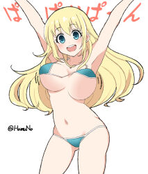  arms_up atago_(kancolle) bikini blonde_hair blue_eyes bouncing_breasts breasts female green_bikini hamuno highres kantai_collection large_breasts long_hair one-hour_drawing_challenge open_mouth pan-pa-ka-paaan! round_teeth simple_background solo swimsuit teeth twitter_username upper_teeth_only white_background 