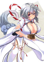  absurdres animal_ears blush box breast_rest breasts carried_breast_rest carrying cleavage commentary dress droopy_ears female flower_knot furrowed_brow gradient_hair grey_hair grey_horns grey_tail hair_between_eyes highres holding holding_box horns koma_(sennen_sensou_aigis) kouhaku_nawa large_breasts leaning_forward long_hair looking_at_viewer looking_to_the_side low_side_ponytail multicolored_hair open_mouth pelvic_curtain pink_hair purple_eyes ribbon-trimmed_sleeves ribbon_trim rope sennen_sensou_aigis shimenawa single_horn solo thighhighs white_background white_dress white_thighhighs yasagure2828 