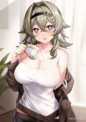  alternate_costume belt blush breasts casual cleavage crossed_bangs cup female grey_eyes hair_between_eyes hair_intakes headband highres holding holding_cup honkai_(series) honkai_impact_3rd jacket large_breasts looking_at_viewer multiple_belts non-web_source off-shoulder_jacket off_shoulder open_mouth solo source_request tank_top vill-v yukinoshita_(shaonjishi) 