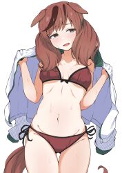  absurdres alternate_costume animal_ears bikini blush breasts brown_eyes brown_hair commentary_request female highres horse_ears horse_tail jacket looking_at_viewer medium_breasts medium_hair nice_nature_(umamusume) oerba_yun_fang open_mouth shijimi_(sijimi1917) solo sweat swimsuit tail umamusume white_background 