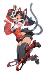  animal_ears black_hair black_thighhighs cat_ears cat_girl cat_tail corset dark-skinned_female dark_skin detached_sleeves dnaitari female forehead_tattoo high_heels highres long_hair looking_at_viewer multiple_tails nekomiya_mana oerba_yun_fang open_mouth paw_pose ponytail red_corset red_eyes red_sleeves tail thighhighs triangle_facial_mark two_tails white_background zenless_zone_zero 