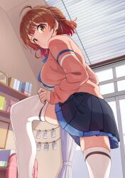  adjusting_clothes adjusting_legwear ahoge black_overskirt blue_skirt blush breasts brown_cardigan brown_hair cardigan dressing female gakuen_idolmaster gradient_hair hanami_ume hatsuboshi_gakuen_school_uniform highres idolmaster indoors kamille_(vcx68) large_breasts long_sleeves looking_at_viewer multicolored_hair o3o orange_hair photo_(object) pleated_skirt school_uniform skirt solo thighhighs white_thighhighs window_blinds zettai_ryouiki 