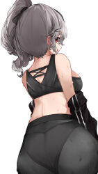  appleseed_(appleseed_art) bare_shoulders black_bow black_hair black_panties black_pants blush bow breasts female grey_hair hairbow high-waist_pants highres hololive large_breasts looking_at_viewer looking_back multicolored_hair panties panties_visible_through_clothes pants red_eyes sakamata_chloe side_ponytail simple_background smile solo sports_bra streaked_hair sweatdrop tight_clothes tight_pants underwear virtual_youtuber white_background yoga_pants 