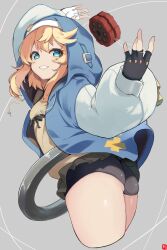  1boy absurdres bike_shorts black_gloves blonde_hair blue_eyes blue_jacket bridget fingerless_gloves gloves grey_background guilty_gear guilty_gear_strive highres jacket johnny_(braun-kan_cafe) long_hair looking_at_viewer male_focus otoko_no_ko revision short_hair smile solo thick_thighs thighs yo-yo 