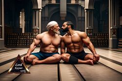  2boys 3d abs ai_generated arab_male arabian bara beard biceps blender bodybuilder daddy dilf facial_hair gay grey_hair hi_res highres kissing laying_down love male male/male male_only manly middle_eastern money muscular muscular_male older older_male original_character pecs pectorals realistic shorts sitting vein white_hair yaoi young younger_male 