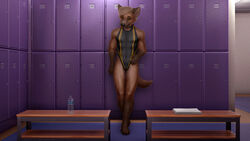  16:9 3d_(artwork) amber_eyes anthro black_nose blonde_hair bottle brown_body brown_fur choker claws clothing collar container digital_media_(artwork) fur hair hi_res hyena jewelry la_volpe locker locker_bench locker_room male mammal muscular necklace one-piece_swimsuit smile solo sport spots spotted_hyena swimwear teeth towel water widescreen young 