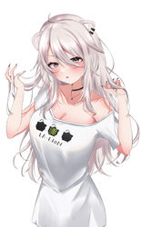  absurdres ahoge animal_ears black_nails blush breasts choker cleavage ear_piercing female grey_eyes grey_hair hair_between_eyes highres hololive jewelry large_breasts lion_ears lion_girl long_hair looking_at_viewer nerorigogo oerba_yun_fang official_alternate_costume official_alternate_hairstyle oversized_clothes oversized_shirt parted_lips pendant piercing shirt shishiro_botan shishiro_botan_(casual) solo ssrb_(shishiro_botan) virtual_youtuber white_background 