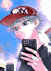  1boy black_shirt blowing_bubbles blue_eyes cellphone chewing_gum commentary hat highres holding holding_phone hunter_x_hunter killua_zoldyck male_focus outdoors phone red_hat shenshan_laolin shirt short_hair smartphone solo symbol-only_commentary white_hair 