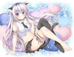  airi_(alice_or_alice) alice_or_alice animal_ear_fluff animal_ears arm_support bare_shoulders barefoot black_panties black_skirt black_thighhighs blue_bow blush bow breasts cat_ears cat_girl cat_tail center_frills closed_mouth commentary_request crop_top feet female frills full_body grey_hair hairbow heart highleg highleg_panties holding korie_riko layered_skirt long_hair looking_at_viewer medium_breasts midriff navel no_shoes panties photoshop_(medium) pleated_skirt shirt signature single_thighhigh skirt sleeveless sleeveless_shirt solo star_(symbol) starry_background tail thighhighs underwear very_long_hair white_shirt 