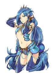  absurdres armor blue_hair blue_legwear blue_panties blue_sleeves breasts bridal_gauntlets commentary_request cropped_legs dana_(ys) detached_sleeves english_commentary faulds female garter_straps green_eyes hair_ornament hair_ribbon highres long_hair long_sleeves looking_at_viewer midriff mixed-language_commentary navel panties parted_lips ribbon ruukii_drift simple_background solo standing stomach underboob underwear very_long_hair white_background white_ribbon ys ys_viii_lacrimosa_of_dana 