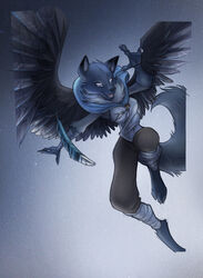  2023 action_pose anthro avian avian_arms back_wings biped bird black_bottomwear black_clothing black_markings black_nose black_pants black_wings blue_jay bottomwear breasts canid canine canis cape claws clothed clothing corvid david_lillie dipstick_ears ear_markings eyebrows feathered_wings feathers female flying grey_body hi_res hybrid jay_(bird) leg_wrap looking_down mammal markings multicolored_ears neck_tuft new_world_jay open_mouth oscine pants passerine pose scuted_arms scuted_hands scutes shirt simple_background solo teeth toe_claws tongue topwear tuft wings wolf 