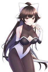  absurdres azur_lane black_hair black_pantyhose bodystocking bow breasts brown_eyes cleavage_cutout clothing_cutout commentary_request cowboy_shot female hair_flaps highres jyu-so large_breasts leaning_forward long_hair looking_at_viewer multicolored_leotard official_alternate_costume pantyhose race_queen ribbon simple_background solo takao_(azur_lane) takao_(full_throttle_charmer)_(azur_lane) thigh_gap two-tone_leotard umbrella white_background white_bow white_ribbon 