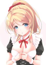  :o ayase_eli blonde_hair blue_eyes blush bow bowtie breasts choker cleavage collarbone commentary_request female frapowa hair_between_eyes hairbow high_ponytail long_hair looking_at_viewer love_live! love_live!_school_idol_project medium_breasts mogyutto_&quot;love&quot;_de_sekkin_chuu! neck_ribbon red_bow red_bowtie red_ribbon ribbon short_sleeves simple_background solo striped striped_bow swept_bangs upper_body white_background wrist_cuffs 