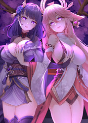  2girls blush breasts cleavage cowboy_shot fingerless_gloves genshin_impact gloves grabbing grabbing_another&#039;s_breast hair_between_eyes hair_ornament highres japanese_clothes kanon_(sinto) kimono long_hair long_sleeves looking_at_viewer mole mole_under_eye multiple_girls nail_polish pink_hair purple_eyes purple_hair raiden_shogun sideboob smile thighhighs tree wide_sleeves yae_miko 