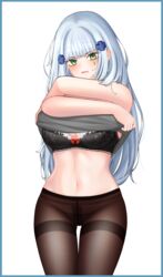  absurdres alternate_costume black_bra black_panties black_pantyhose blue_border blue_hair blush border bow bow_bra bra breasts clothes_lift crossed_arms feet_out_of_frame female girls&#039;_frontline green_eyes grey_shirt hair_ornament hairclip highres hk416_(girls&#039;_frontline) long_hair looking_at_viewer medium_breasts navel open_mouth paaam panties panties_under_pantyhose pantyhose red_bow shirt shirt_lift solo standing teardrop_facial_mark teardrop_tattoo underwear white_background 