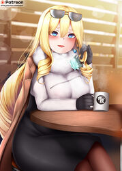  bad_id bad_pixiv_id black_gloves black_skirt blonde_hair blue_eyes blush breasts brown_jacket brown_pantyhose chair charlotte_(last_origin) crossed_legs cup drill_hair earrings eyewear_on_head female flower fur_collar gloves hair_between_eyes high-waist_skirt highres indoors jacket jacket_on_shoulders jewelry large_breasts last_origin long_hair long_sleeves looking_at_viewer mapar mug open_mouth pantyhose patreon_logo patreon_username photoshop_(medium) side_drill sitting skirt smile solo steam sunglasses sweater table twirling_hair very_long_hair white_sweater zipper zipper_pull_tab 