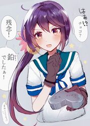  akebono_(kancolle) akebono_kai_ni_(kancolle) bell blue_sailor_collar brown_gloves commentary_request female flower gloves hair_bell hair_flower hair_ornament heart highres holding jingle_bell kantai_collection long_hair purple_eyes purple_hair qqqmei sailor_collar school_uniform serafuku short_sleeves side_ponytail solo steel translation_request upper_body very_long_hair 