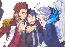  3boys angry arm_around_neck bad_id bad_pixiv_id bigur black_hair blue_eyes boy_sandwich brown_hair epaulettes facial_hair fate/grand_order fate_(series) fujimaru_ritsuka_(male) fujimaru_ritsuka_(male)_(royal_brand) goatee grey_hair huge_weapon jacket james_moriarty_(archer)_(fate) long_sideburns long_sleeves male_focus military military_uniform moustache multiple_boys napoleon_bonaparte_(fate) open_clothes pants partially_unbuttoned pectoral_cleavage pectorals sandwiched short_hair sideburns simple_background smile uniform upper_body weapon white_background 