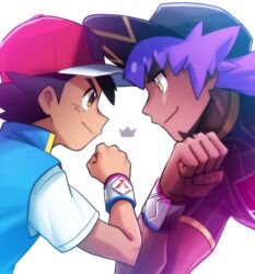  2boys baseball_cap black_hair blue_jacket bright_pupils brown_eyes champion_uniform clenched_hand closed_mouth commentary_request dark-skinned_male dark_skin dododo_dadada dynamax_band eye_contact face-to-face facial_hair hand_up hat jacket leon_(pokemon) long_hair looking_at_another male_focus multiple_boys pokemon pokemon_(anime) pokemon_journeys purple_hair red_headwear satoshi_(pokemon) shirt short_hair short_sleeves sleeveless sleeveless_jacket smile white_pupils yellow_eyes 