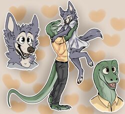  2022 anthro barefoot beastars black_nose bottomwear canid canine canis carrying_another carrying_partner claws closed_eyes clothed clothing digital_media_(artwork) dress duo feet female forked_tongue fur gosha_(beastars) green_body green_scales grey_body grey_fur heart_background hi_res hindpaw humanoid_hands komodo_dragon lizard male male/female mammal monitor_lizard open_mouth open_smile pants paws reptile romantic romantic_couple scales scalie shirojackote shirt simple_background smile standing teeth toe_claws toes toki_(beastars) tongue topwear wolf 