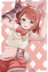  absurdres animal_ears argyle_background arm_warmers arms_up blush breasts commentary_request embarrassed female fur_collar hair_bun highres love_live! love_live!_nijigasaki_high_school_idol_club medium_breasts nervous_smile open_mouth pukonuu rabbit_ears rabbit_pose red_hair red_shorts shirt shorts single_arm_warmer single_side_bun sleeveless sleeveless_shirt smile solo striped_arm_warmers uehara_ayumu 