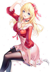  :d arm_up black_choker black_pantyhose blonde_hair blue_eyes bow breasts choker cleavage collarbone commentary_request female hair_between_eyes hairband hairbow high-waist_skirt highres long_hair long_sleeves looking_at_viewer medium_breasts open_mouth original pantyhose pink_skirt puffy_long_sleeves puffy_sleeves red_bow red_hairband red_shirt ririko_(zhuoyandesailaer) saegusa_futaba sailor_collar shirt short_eyebrows simple_background sitting skirt smile solo teeth thick_eyebrows tiara upper_teeth_only white_background white_sailor_collar 