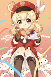  :q ahoge bloomers boots brown_footwear brown_gloves brown_scarf cabbie_hat cake clover_print coat commentary_request dodoco_(genshin_impact) female food fork genshin_impact gloves hair_between_eyes hat hat_feather hat_ornament highres holding holding_fork jumpy_dumpty klee_(genshin_impact) knee_boots kneehighs light_brown_hair long_hair long_sleeves looking_at_viewer low_twintails pila-pela pocket pointy_ears red_coat red_eyes red_hat scarf sidelocks sitting smile socks solo strawberry_shortcake tongue tongue_out twintails underwear 