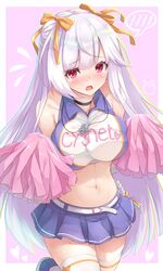  azur_lane bare_shoulders breasts cheerleader collared_shirt cygnet_(azur_lane) cygnet_(royal_fanfare)_(azur_lane) elbow_gloves female gloves hair_between_eyes hair_ribbon highres large_breasts long_hair looking_at_viewer midriff miimu_(nelreg3) miniskirt navel official_alternate_costume pom_pom_(cheerleading) red_eyes ribbon shirt skirt sleeveless solo sweatdrop thighhighs whistle white_gloves 