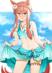  animal_ears aqua_bikini aqua_eyes aqua_sarong bare_arms bare_shoulders bikini blush braid breasts cleavage clothes_lift collarbone cowboy_shot crown_braid embarrassed female flower hair_flower hair_ornament holding_sarong horse_ears horse_girl horse_tail jewelry lifting_own_clothes long_hair navel necklace official_alternate_costume official_alternate_hairstyle open_mouth orange_hair rui_shi_(rayze_ray) sarong sarong_hold sarong_lift sidelocks silence_suzuka_(emerald_on_the_waves)_(umamusume) silence_suzuka_(umamusume) solo swimsuit tail umamusume yellow_flower 