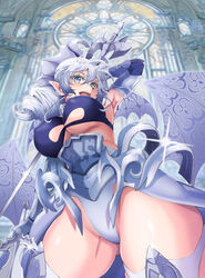  absurdres armor armored_leotard breasts cleavage cowboy_shot demon_girl demon_horns demon_wings dual_wielding duel_monster female gauntlets grey_eyes grey_hair hair_between_eyes highres holding holding_sword holding_weapon horns lady_labrynth_of_the_silver_castle large_breasts legs leotard looking_at_viewer lovely_labrynth_of_the_silver_castle low_wings pointy_ears smile solo sword tamayu96 twintails weapon wings yu-gi-oh! 