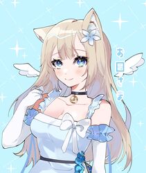  absurdres angel_wings animal_ears arm_garter blonde_hair blue_eyes breasts choker clock_pendant dress elbow_gloves female flower fox_ears fox_girl gloves hair_flower hair_ornament highres idol_clothes long_hair mini_wings prism_project sleeveless solo tokimori_aoi virtual_youtuber wakiobake white_dress wings 