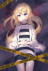  aete black_shorts blonde_hair blood blood_splatter blue_eyes blurry blurry_foreground choker collarbone commentary_request female floating_hair from_above hair_between_eyes highres jacket long_hair looking_at_viewer lying on_back open_clothes open_jacket own_hands_together rachel_gardner satsuriku_no_tenshi shirt short_shorts shorts solo striped_clothes striped_shirt very_long_hair white_jacket 