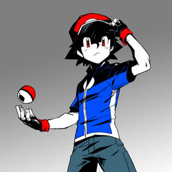  1boy baseball_cap black_gloves black_hair blue_jacket closed_mouth commentary_request dododo_dadada fingerless_gloves frown gloves gradient_background hand_on_headwear hat jacket male_focus pants poke_ball poke_ball_(basic) pokemon pokemon_(anime) pokemon_xy_(anime) red_eyes red_hat satoshi_(pokemon) short_hair short_sleeves solo 