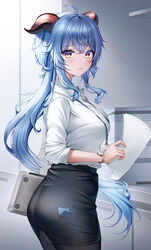  :t ahoge alternate_costume ass black_pantyhose black_skirt blue_hair breasts closed_mouth collared_shirt contemporary female from_side ganyu_(genshin_impact) genshin_impact goat_horns gradient_eyes highres holding holding_paper horns id_card lanyard long_hair looking_at_viewer looking_to_the_side medium_breasts multicolored_eyes office_lady pantyhose paper pencil_skirt photocopier pout printer purple_eyes raised_eyebrows shirt sidelocks skirt solo sticky_note taut_clothes very_long_hair watch wavy_hair white_shirt wol_(wol_927) wristwatch yellow_eyes 