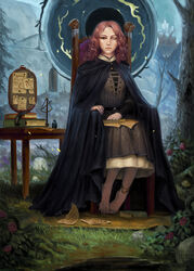  anklet artist_name barefoot black_cape black_cloak book brown_hair cape chair cloak elden_ring english_commentary facing_viewer fantasy female flower full_body g-redon grass hand_on_book hand_on_chair highres hood hood_down hooded_cloak jewelry long_hair long_sleeves melina_(elden_ring) one_eye_closed outdoors paper sitting tree 