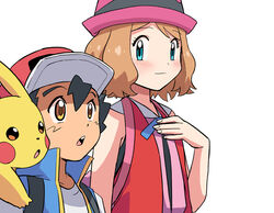  1boy baseball_cap black_hair blonde_hair blue_eyes blue_jacket blue_ribbon blush brown_eyes closed_mouth commentary_request dododo_dadada eyelashes female hand_up hat jacket on_shoulder open_mouth pikachu pokemon pokemon_(anime) pokemon_(creature) pokemon_journeys pokemon_on_shoulder pokemon_xy_(anime) purple_headwear red_headwear ribbon satoshi_(pokemon) serena_(pokemon) shirt short_hair simple_background sleeveless sleeveless_jacket smile t-shirt teeth tongue upper_teeth_only white_background white_shirt 