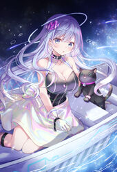  :o absurdres bare_arms bare_shoulders blue_eyes blue_hair boat breasts cleavage collarbone dress emori_miku feline female gloves gomano_rio hair_between_eyes hair_ornament halo highres jewelry large_breasts letter_hair_ornament liver_city long_hair looking_at_viewer neck_ring official_art open_mouth outdoors sitting very_long_hair water watercraft white_gloves 