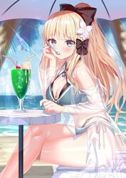  akusema aqua_bikini bad_id bad_twitter_id bare_legs bare_shoulders beach bikini black_bow blonde_hair blue_eyes blush bow breasts cherry crossed_legs day drinking_straw drumming_fingers elf feet_out_of_frame female flower food from_side frost fruit hair_flower hair_ornament hair_up hairbow hand_on_table highres horizon large_breasts layered_bikini long_hair looking_at_viewer mouth_hold o-ring outdoors pointy_ears ponytail princess_connect! saren_(princess_connect!) saren_(summer)_(princess_connect!) sitting solo spoon star_ornament swimsuit 